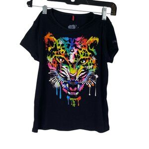 Ay Guey Women's Top Black Sz S Baby Tee Jaguar Graphic Rhinestones Colorful